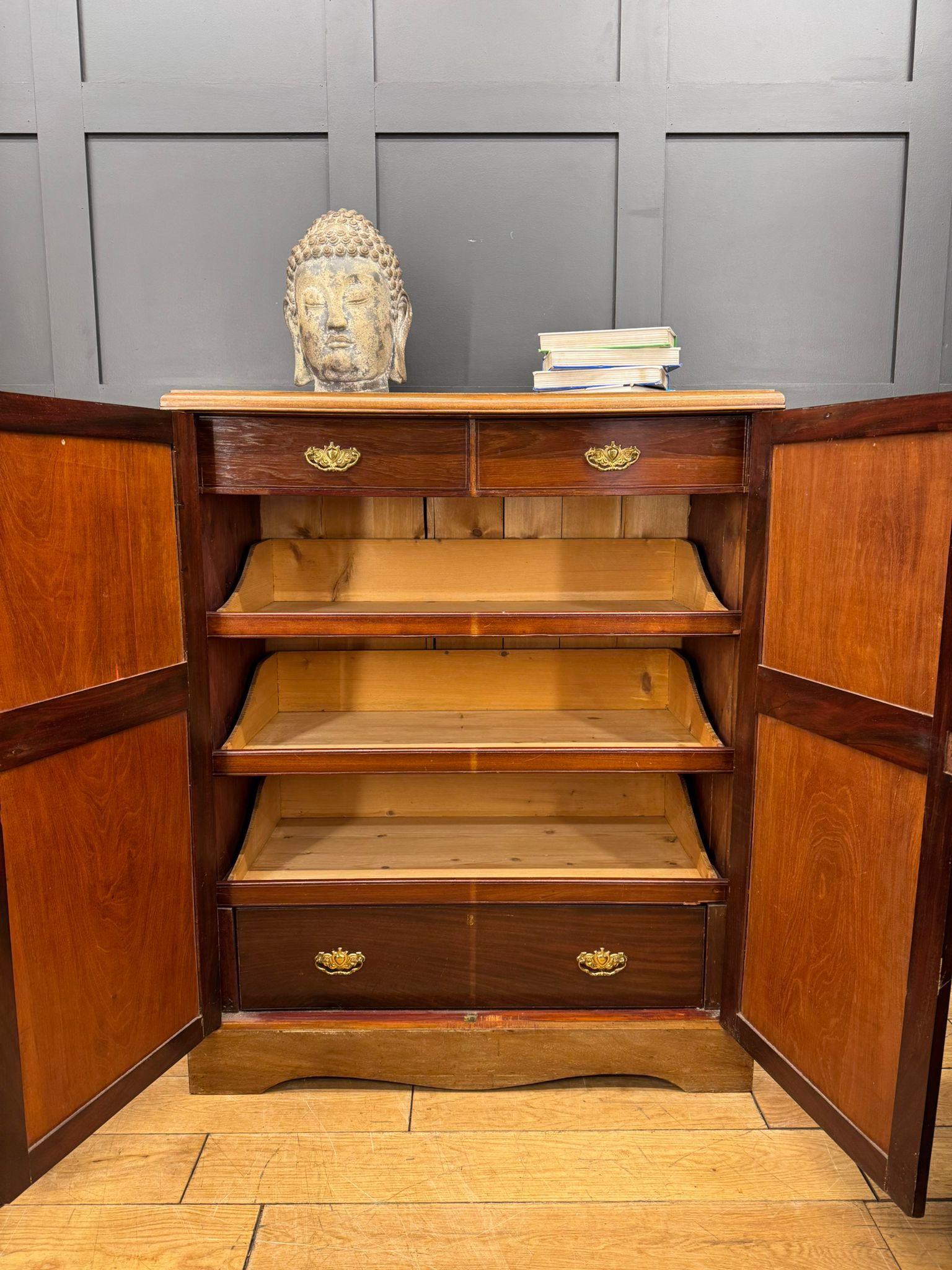 Antique walnut linen cabinet with mahogany finish brass handles open shelving perfect for clothes storage