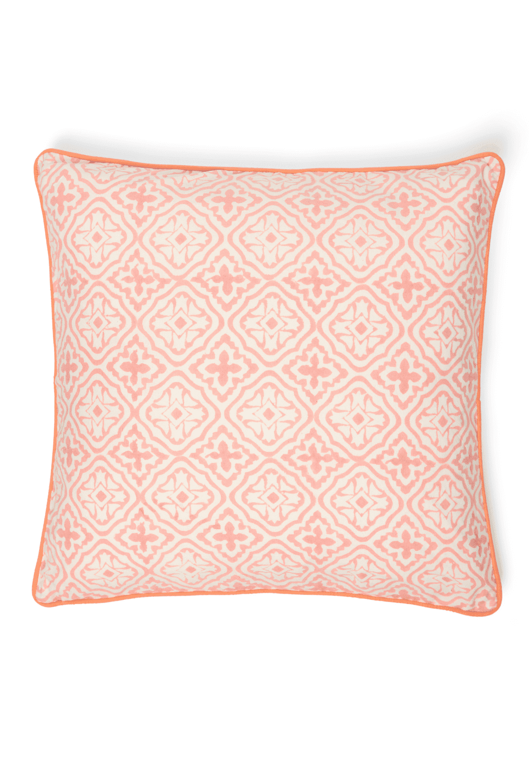 Antonia blossom lattice cushion cover with square coral pattern and orange trim for stylish home decor
