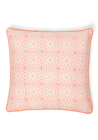 Antonia blossom lattice cushion cover with square coral pattern and orange trim for stylish home decor
