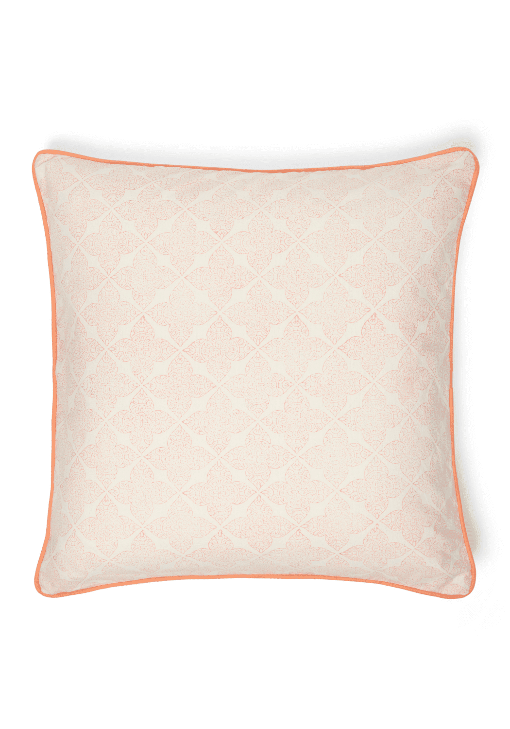 Antonia blush trellis cushion cover with blush color quilted diamond pattern and coral piping edges