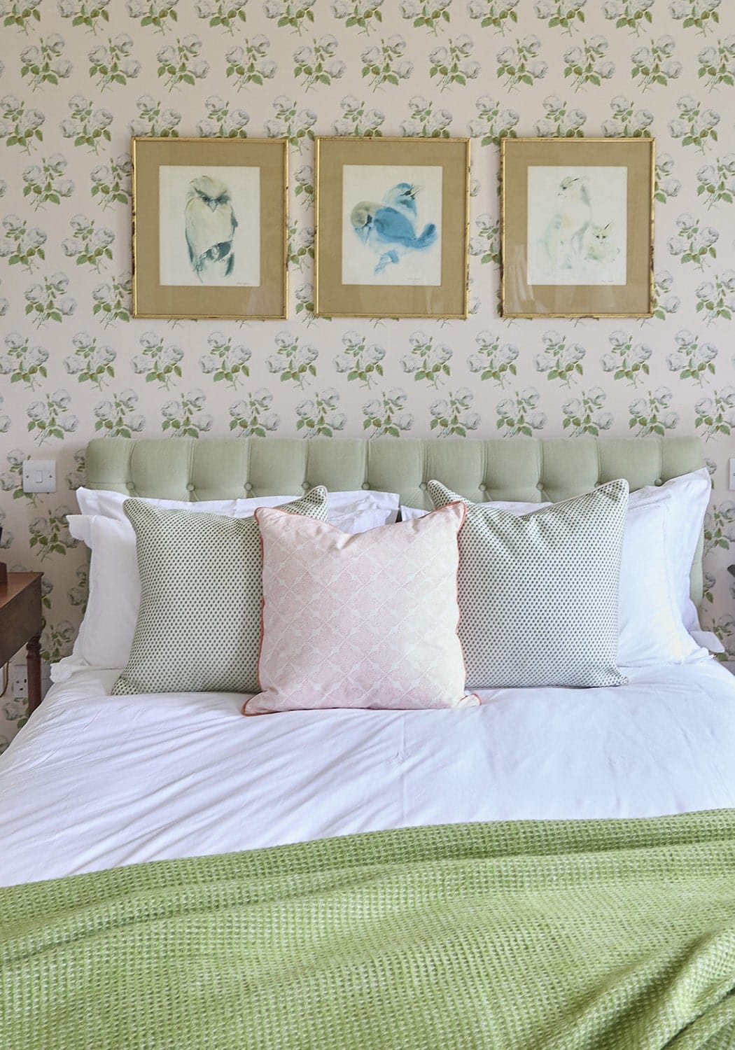 A tufted sage green cushion cover with soft upholstered texture and clean lines from antonia blush trellis collection