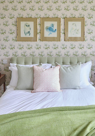A tufted sage green cushion cover with soft upholstered texture and clean lines from antonia blush trellis collection