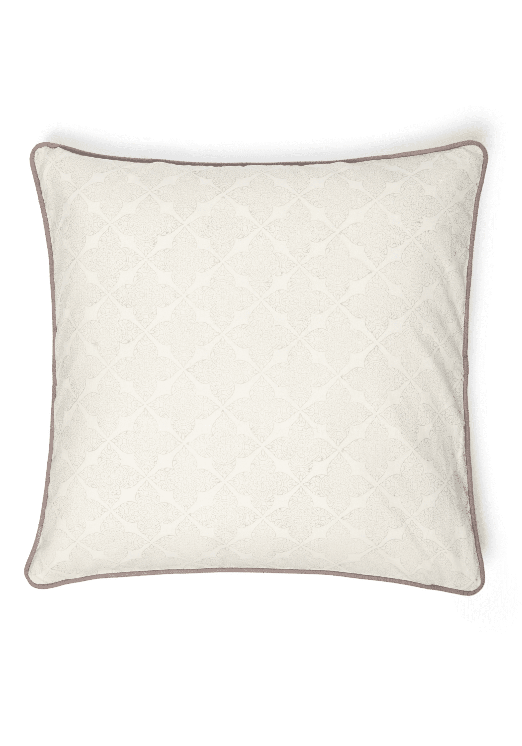 Cream-colored quilted antonia misty lattice cushion cover with diamond pattern and gray piping edges
