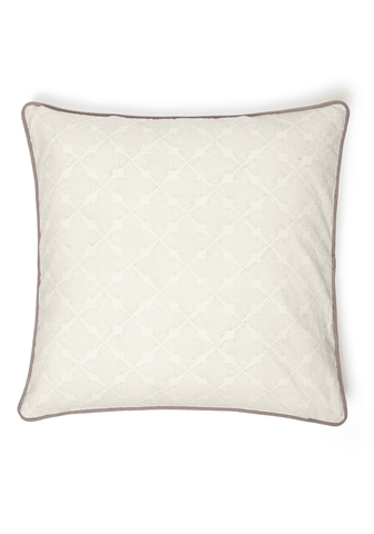 Cream-colored quilted antonia misty lattice cushion cover with diamond pattern and gray piping edges