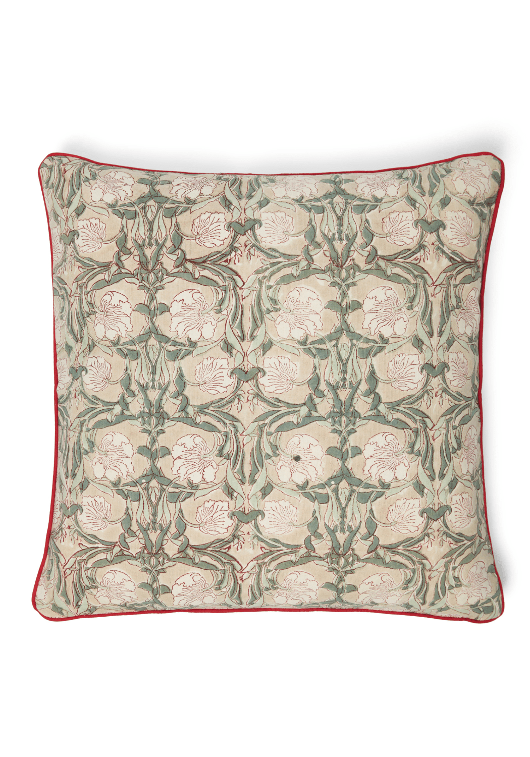 Antonia modern meadow cushion cover with cream fabric, green and white floral pattern, and bold red piping edges