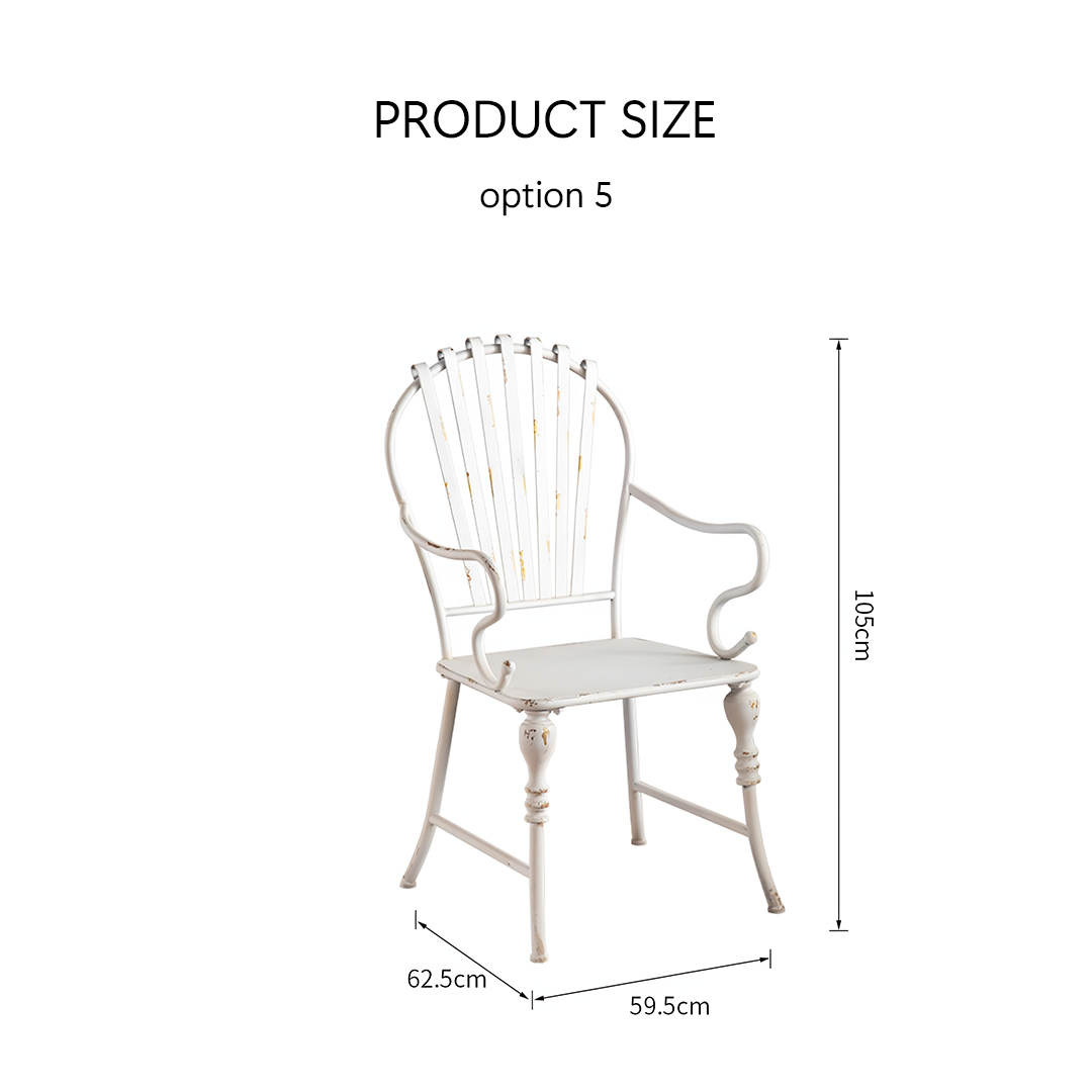 White distressed iron armchair with fan-shaped back and ornate legs from antonia outdoor garden dining set