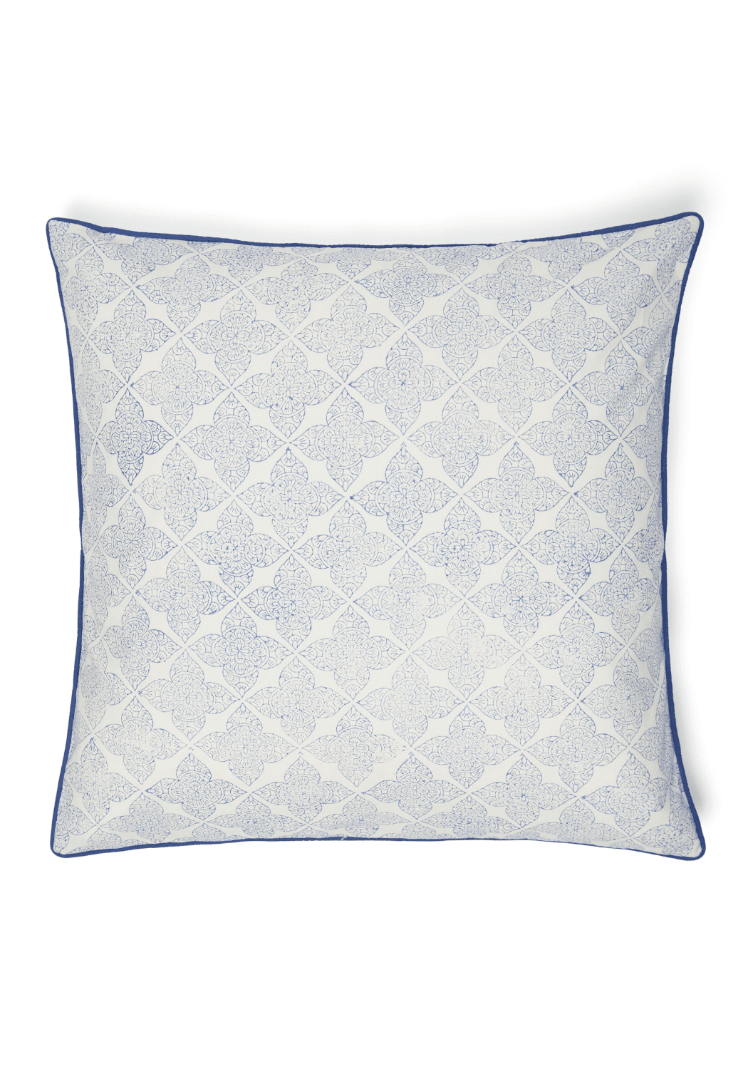 Square cushion cover with light blue and white geometric pattern and solid navy blue border called antonia sky lattice cushion cover