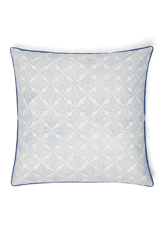 Square cushion cover with light blue and white geometric pattern and solid navy blue border called antonia sky lattice cushion cover