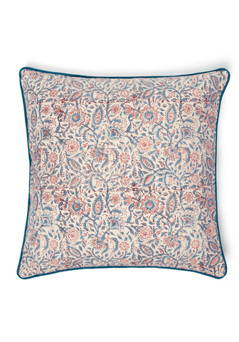 Square cushion cover with delicate pink and blue floral pattern on off-white background and teal border