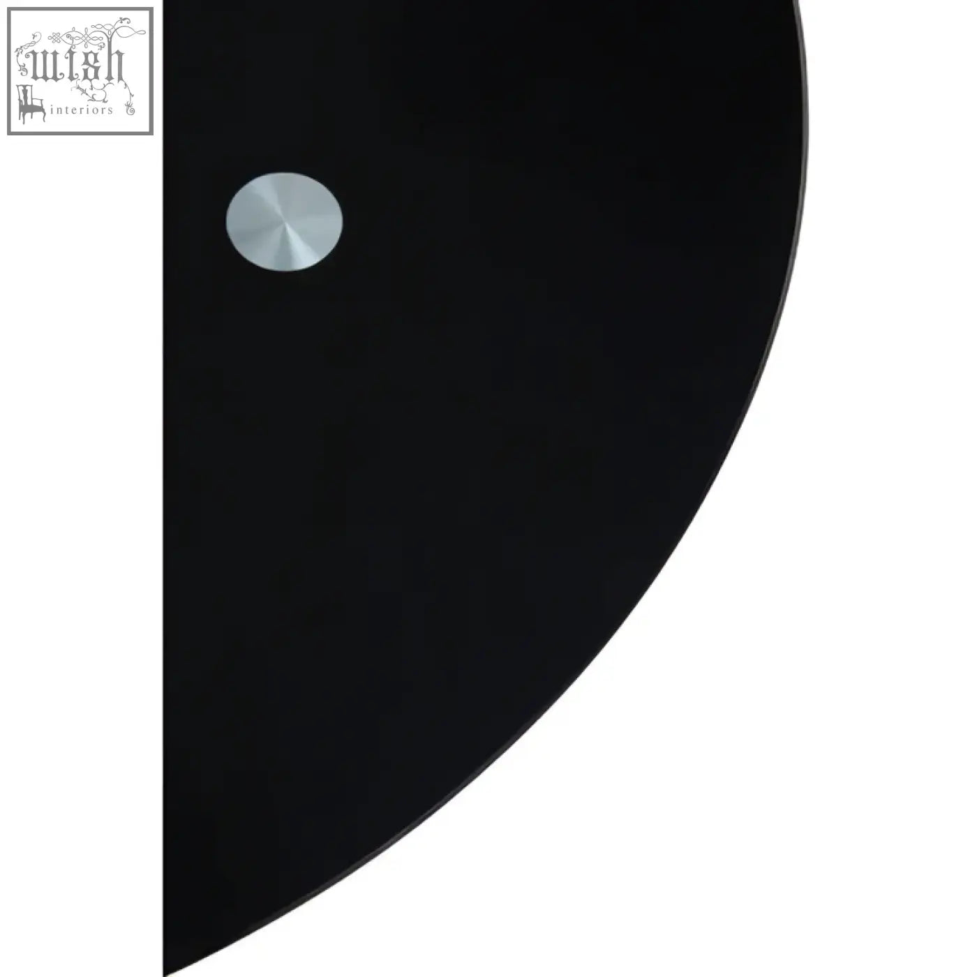 Anzio black glass dining table with black curved glass top and silver hourglass base accent for modern spaces