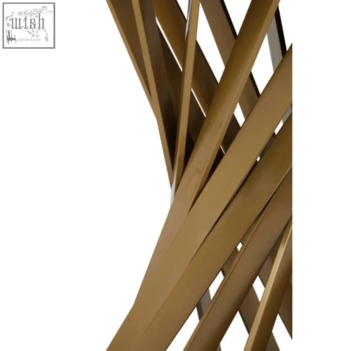 Golden metallic slats form an intricate twisting hourglass base for the anzio black glass dining table