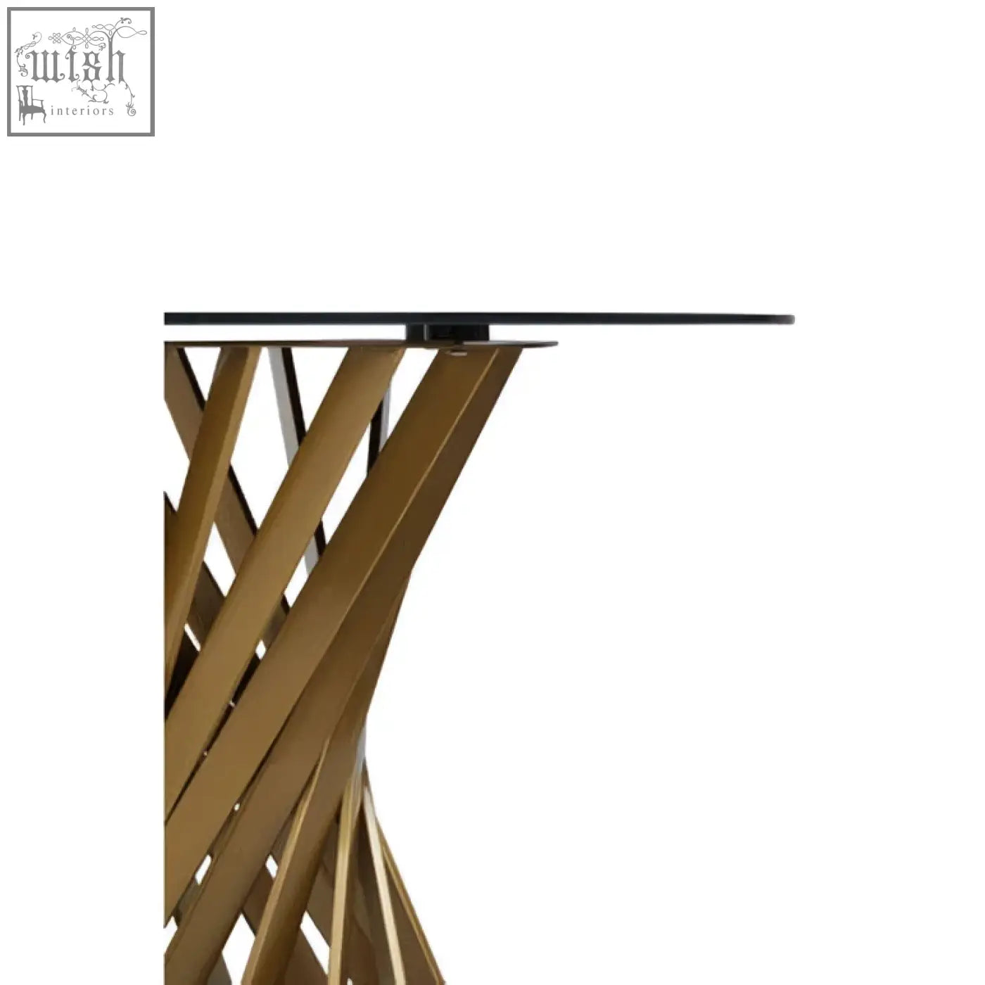 Golden metallic hourglass base with geometric lattice design supporting anzio black glass dining table top