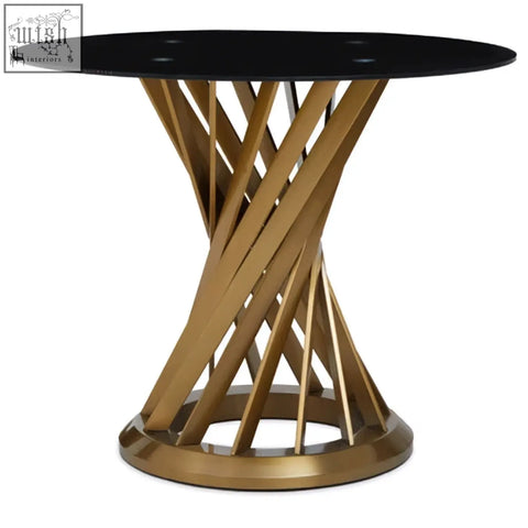 Anzio black glass dining table with a gold-toned twisted metal hourglass base and sleek black glass top