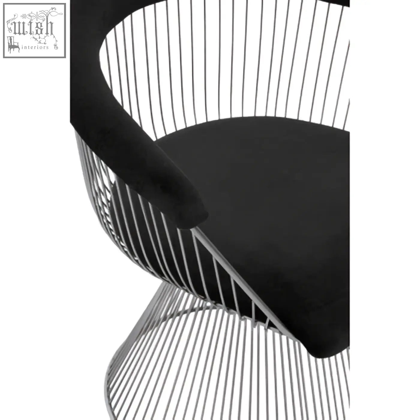 Anzio black velvet chair with black velvet cushion and sleek brushed silver wireframe modern design