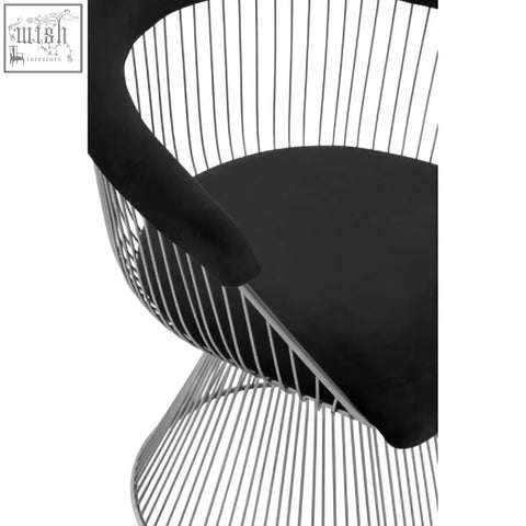 Anzio black velvet chair with black velvet cushion and sleek brushed silver wireframe modern design