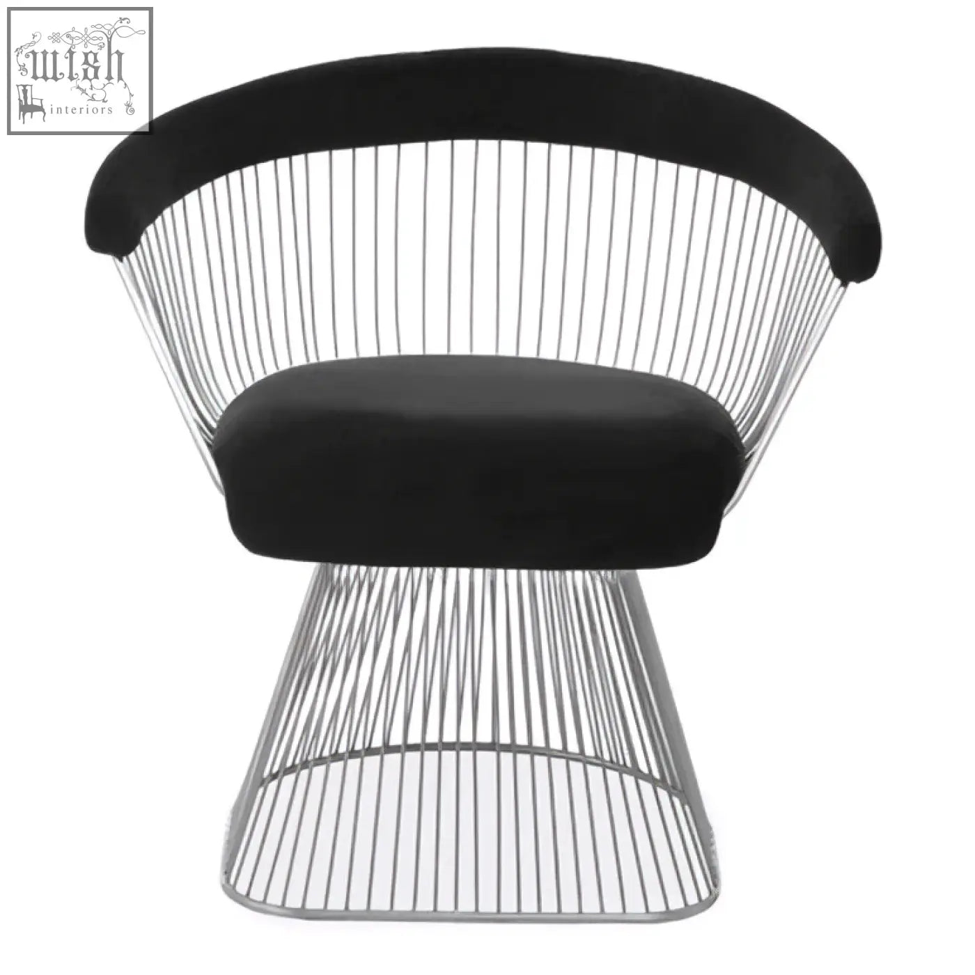 Black velvet anzio chair with curved armrests and sleek brushed silver wireframe base for stylish seating