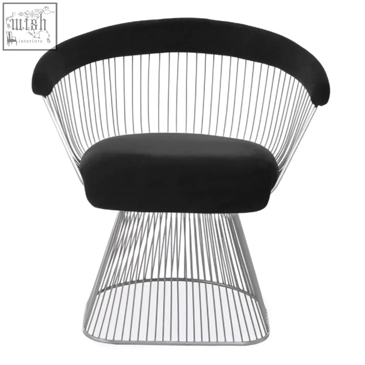 Black velvet anzio chair with curved armrests and sleek brushed silver wireframe base for stylish seating