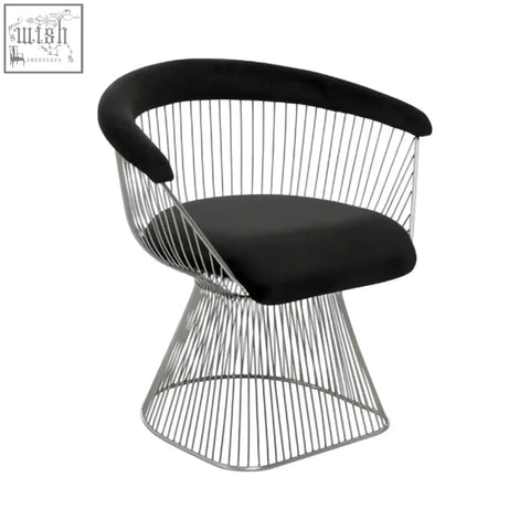 Black velvet cushioned anzio chair with brushed silver wireframe base and curved backrest for modern seating