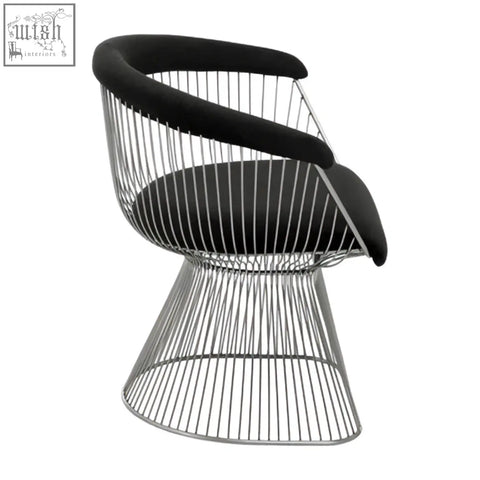 Anzio black velvet chair with cushioned black velvet seat and sleek brushed silver wireframe design