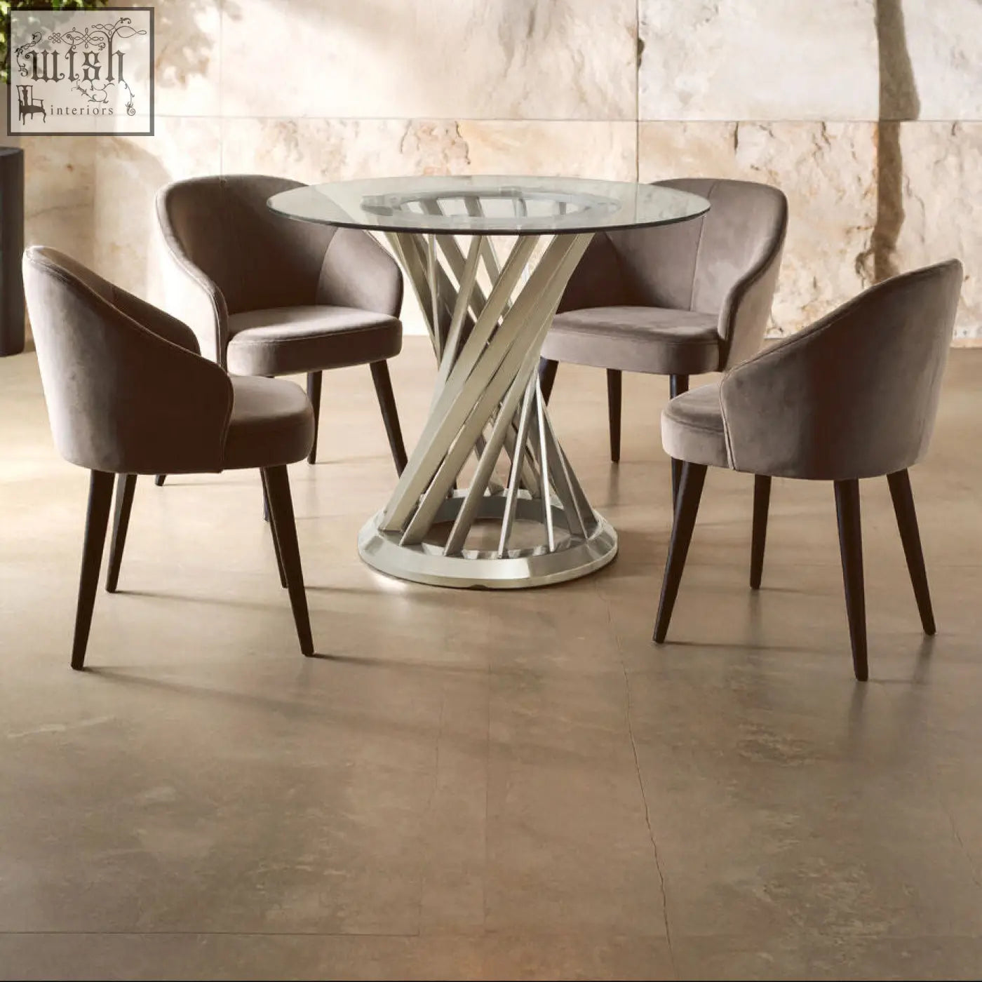 Modern anzio clear glass dining table with tempered glass top and twisted silver hourglass base with four chairs