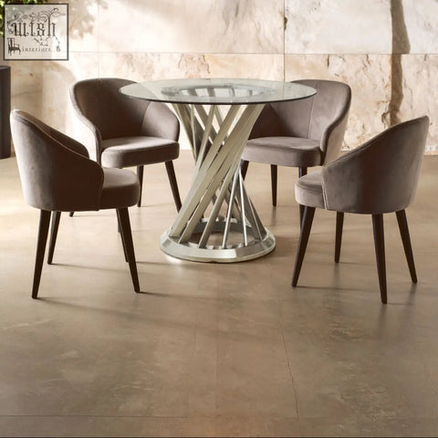 Modern anzio clear glass dining table with tempered glass top and twisted silver hourglass base with four chairs