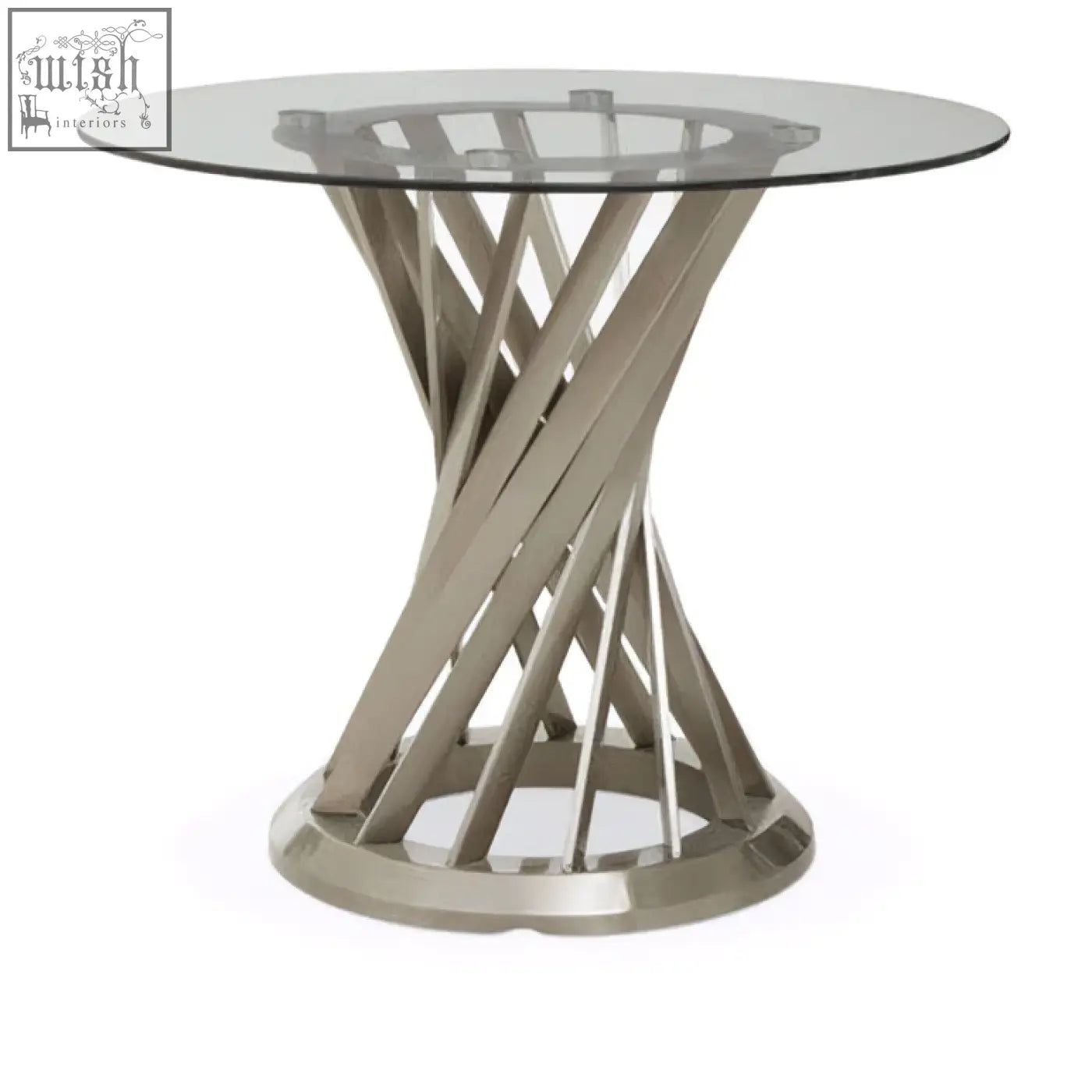 Modern round dining table with anzio clear glass tempered glass top and sleek silver hourglass base