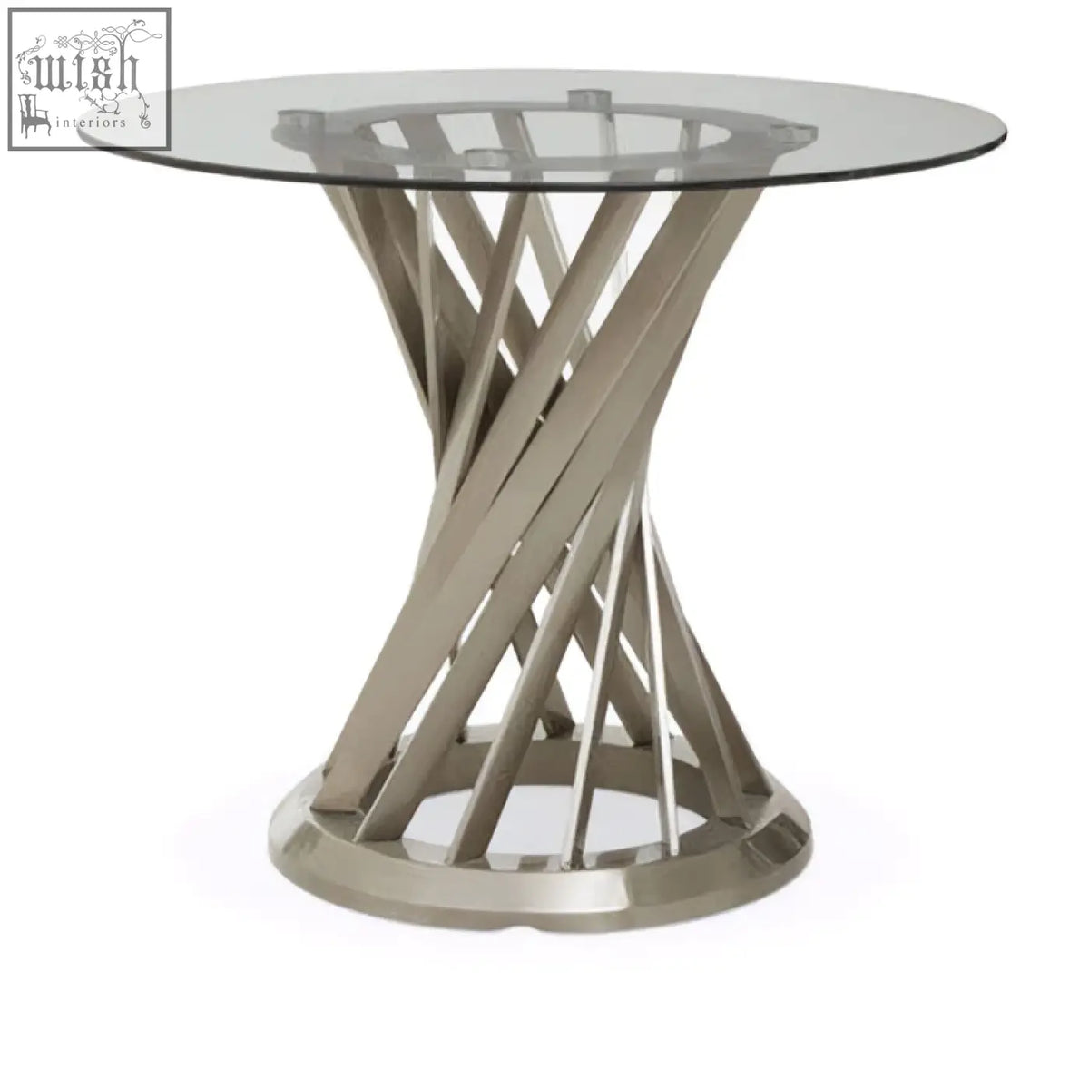 Modern round dining table with anzio clear glass tempered glass top and sleek silver hourglass base
