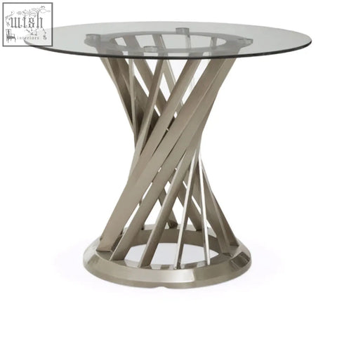 Modern round dining table with anzio clear glass tempered glass top and sleek silver hourglass base