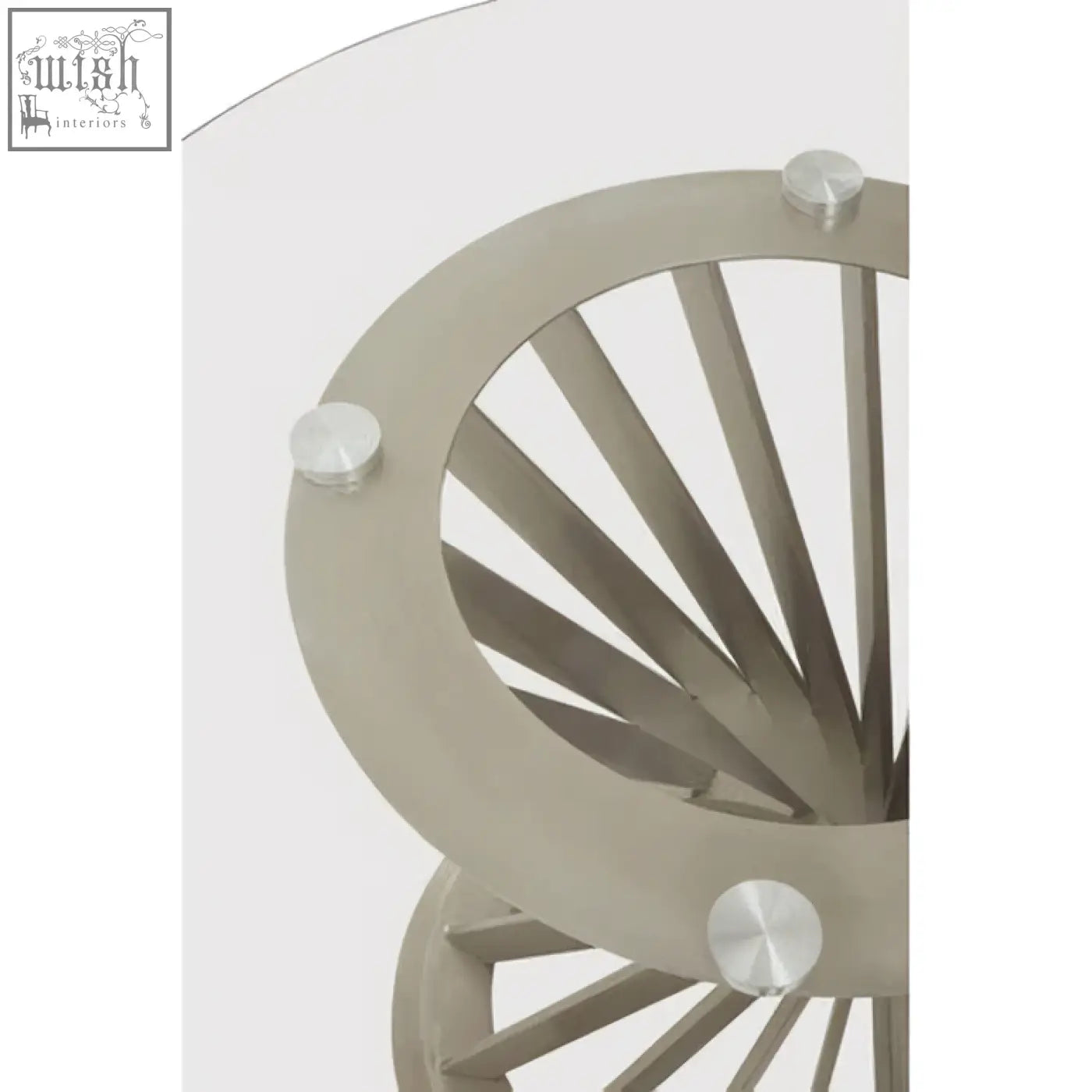 A sleek anzio clear glass dining table with tempered glass top and silver hourglass base with radial spokes