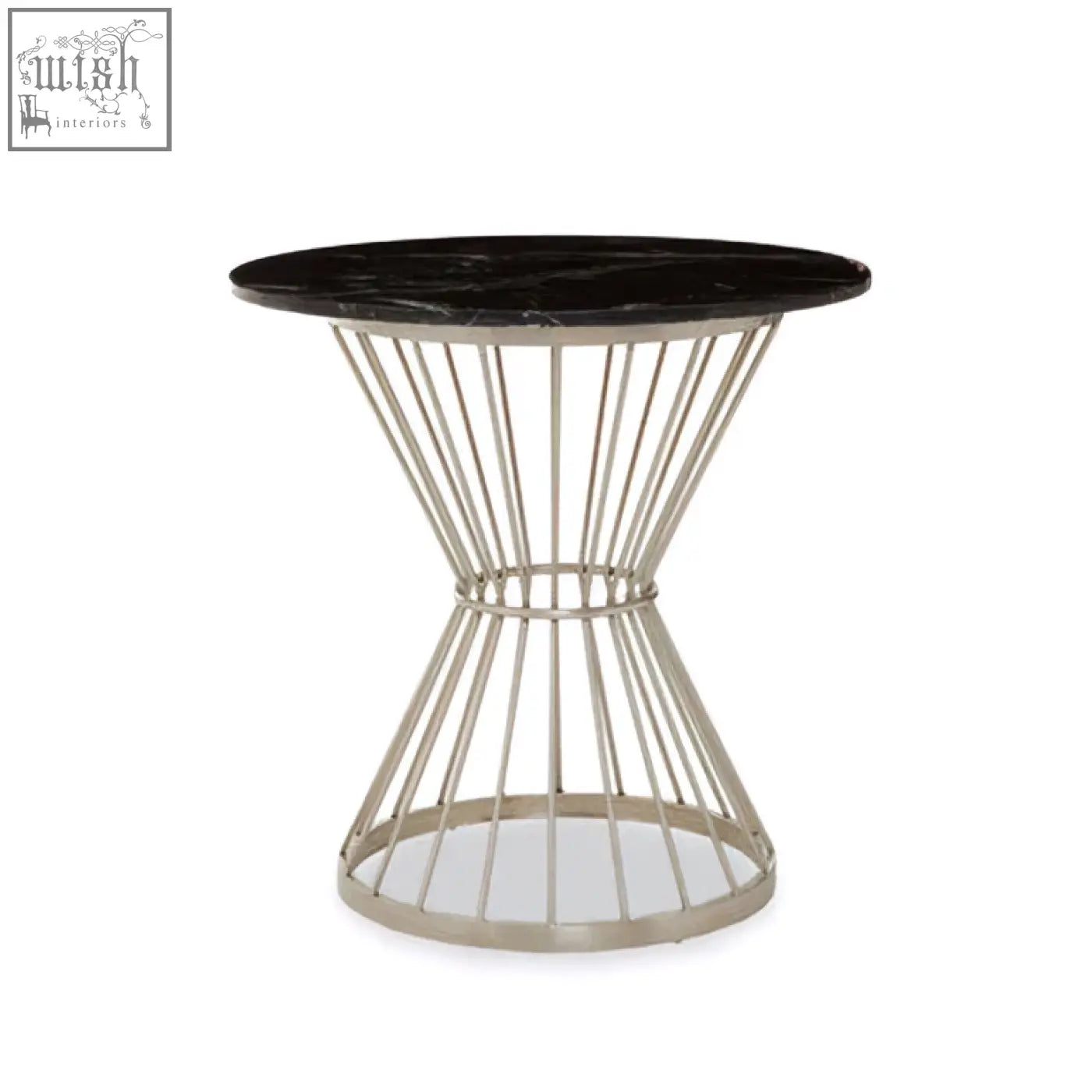 Anzio hourglass dining table with black marble top and sleek silver base perfect for stylish dining spaces