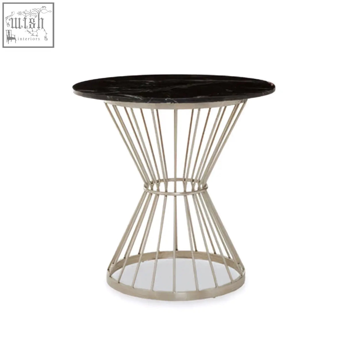 Anzio hourglass dining table with black marble top and sleek silver base perfect for stylish dining spaces