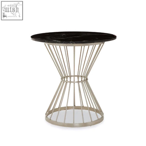 Anzio hourglass dining table with black marble top and sleek silver base perfect for stylish dining spaces