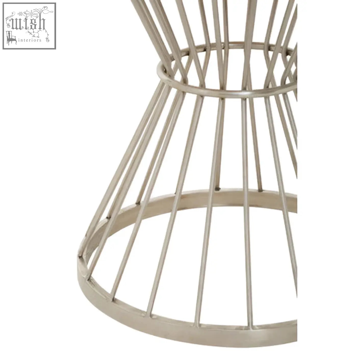 Silver metal wire base with a conical open frame design for anzio hourglass black marble dining table with silver base