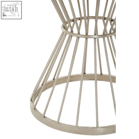 Silver metal wire base with a conical open frame design for anzio hourglass black marble dining table with silver base