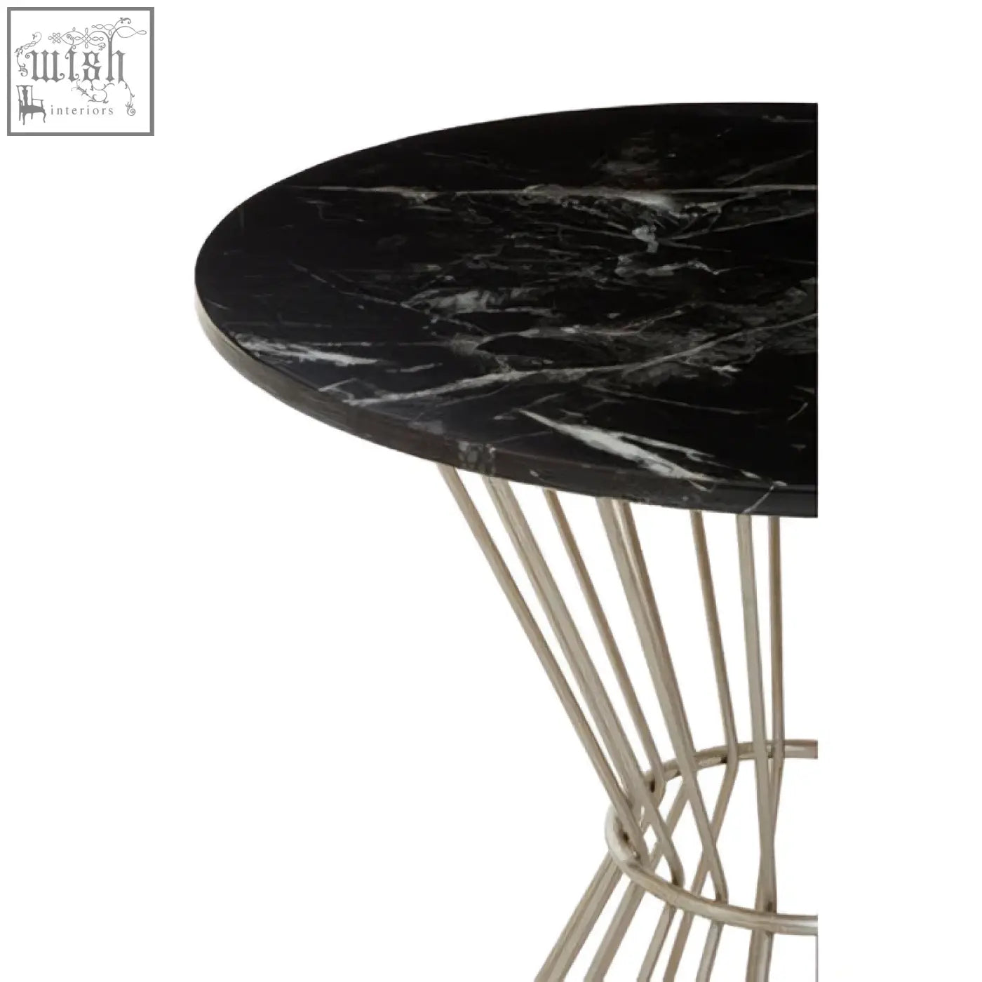 Anzo hourglass dining table with black marble top and slender silver base perfect for modern dining spaces