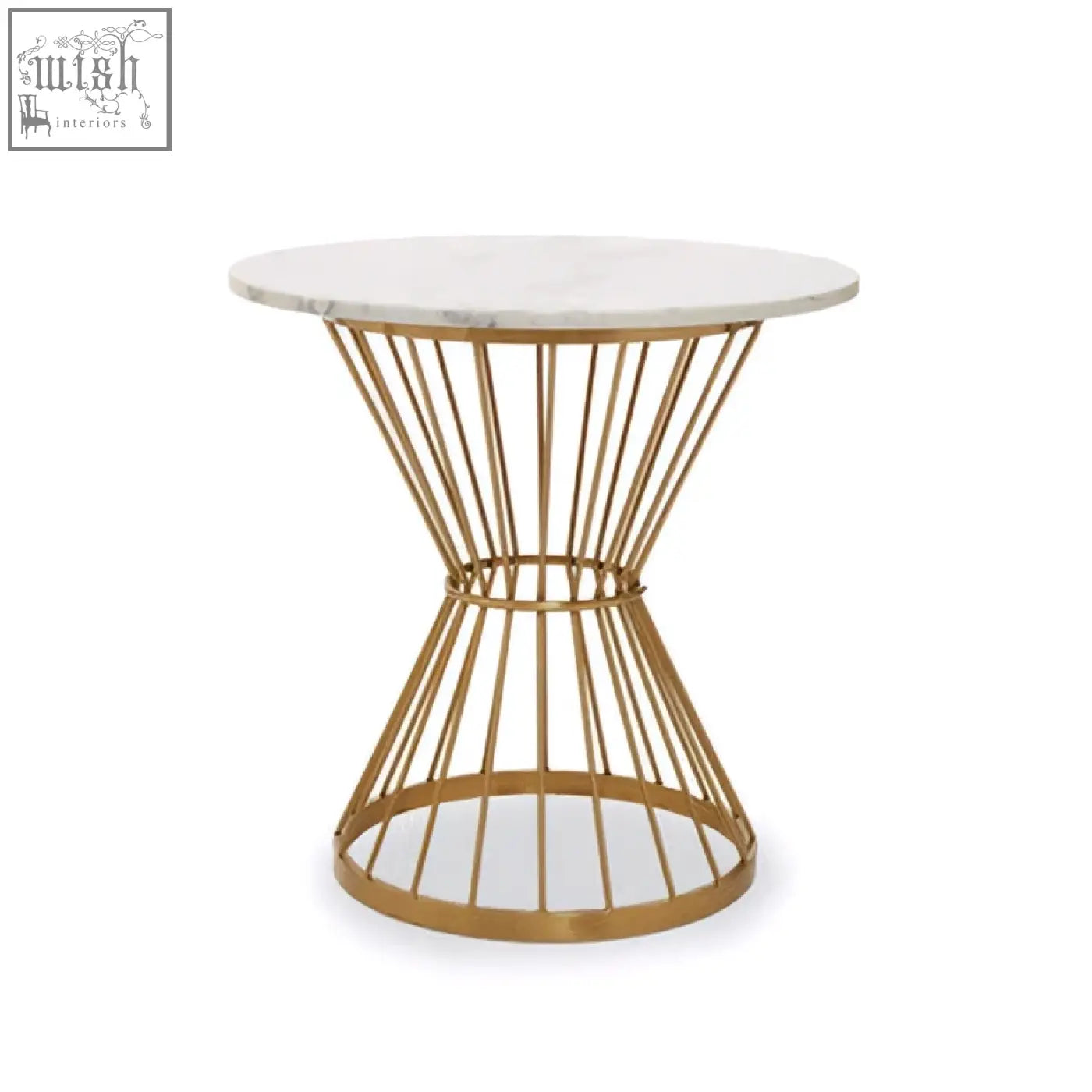 Gold wireframe side table with white marble top complements the anzio hourglass dining table with gold base