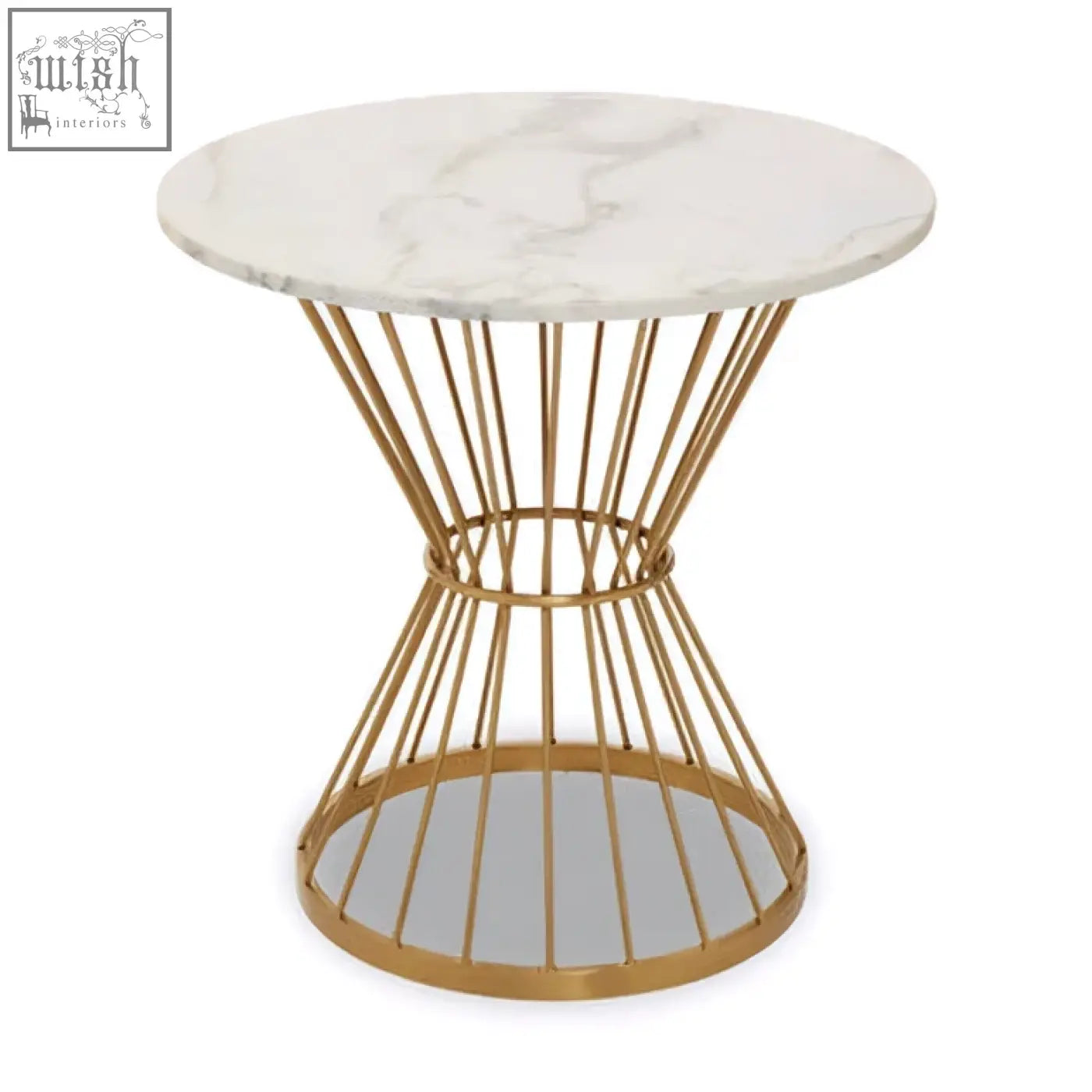 Gold wireframe side table with white marble top from anzio hourglass dining table collection