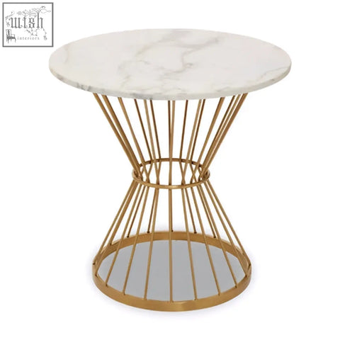 Gold wireframe side table with white marble top from anzio hourglass dining table collection