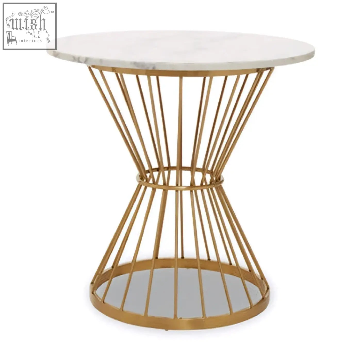 Gold wireframe side table with white marble top from the anzio hourglass dining collection hourglass dining table