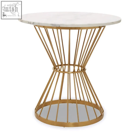 Gold wireframe side table with white marble top from the anzio hourglass dining collection hourglass dining table