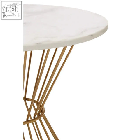 Anzo hourglass dining table with white marble top and gold-toned wire base perfect for stylish dining rooms