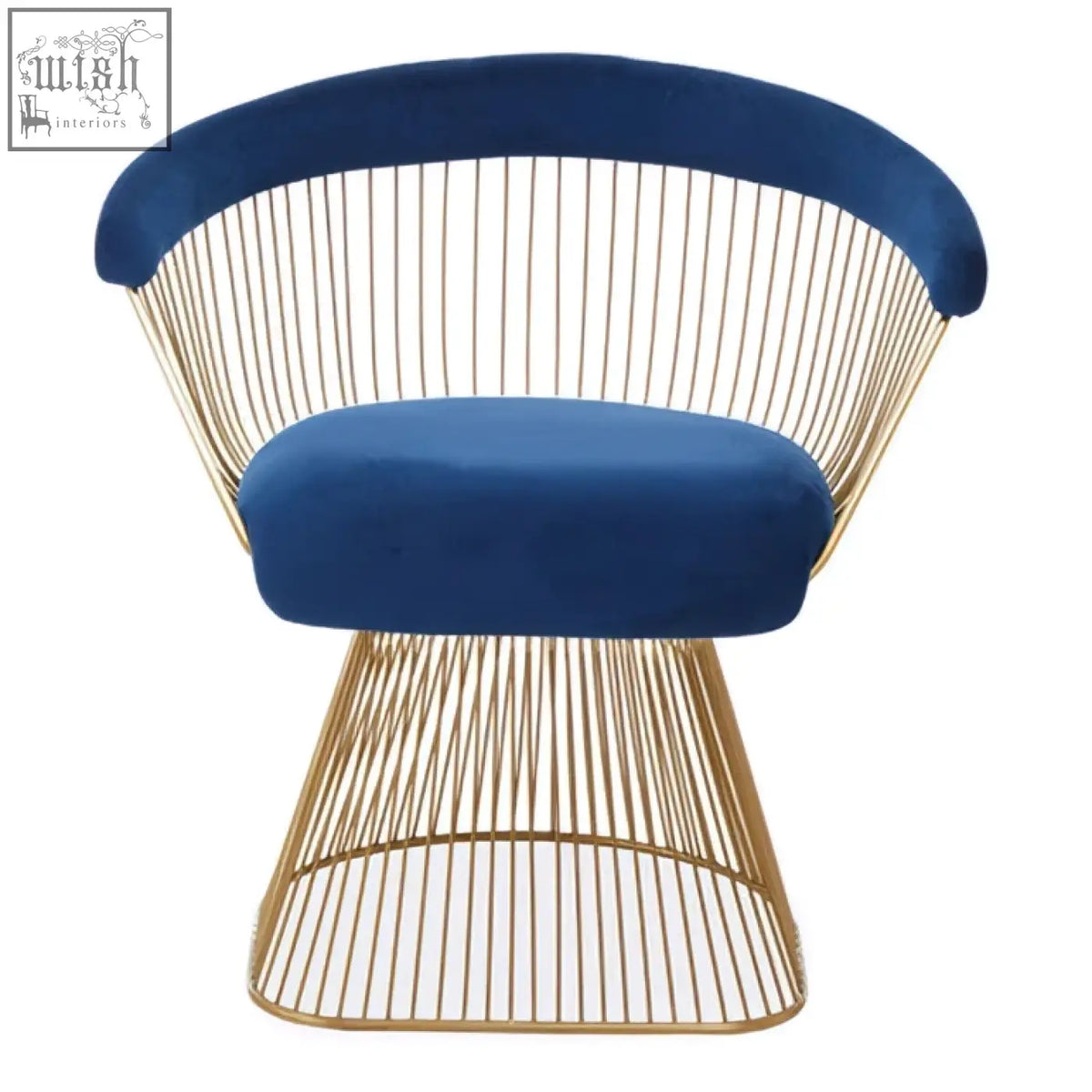Blue velvet cushioned anzio navy blue chair with sleek brushed gold wireframe design