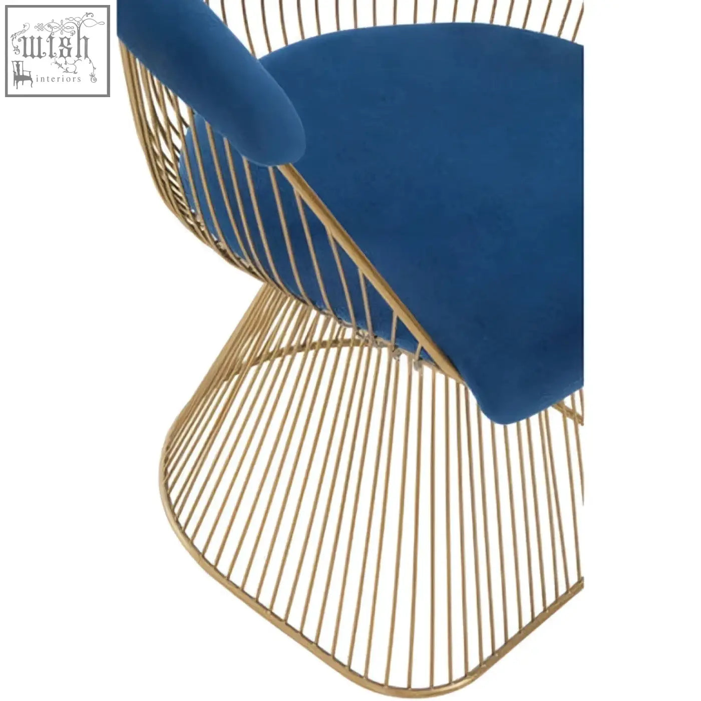 Blue velvet cushioned Anzio navy blue chair with brushed gold wireframe design for stylish seating