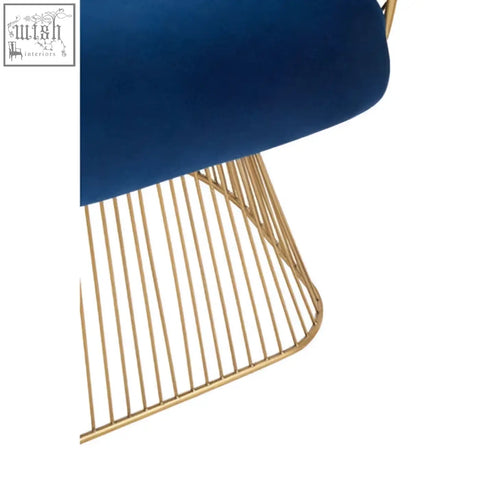 Blue velvet anzio navy blue chair with brushed gold wireframe base perfect for stylish seating