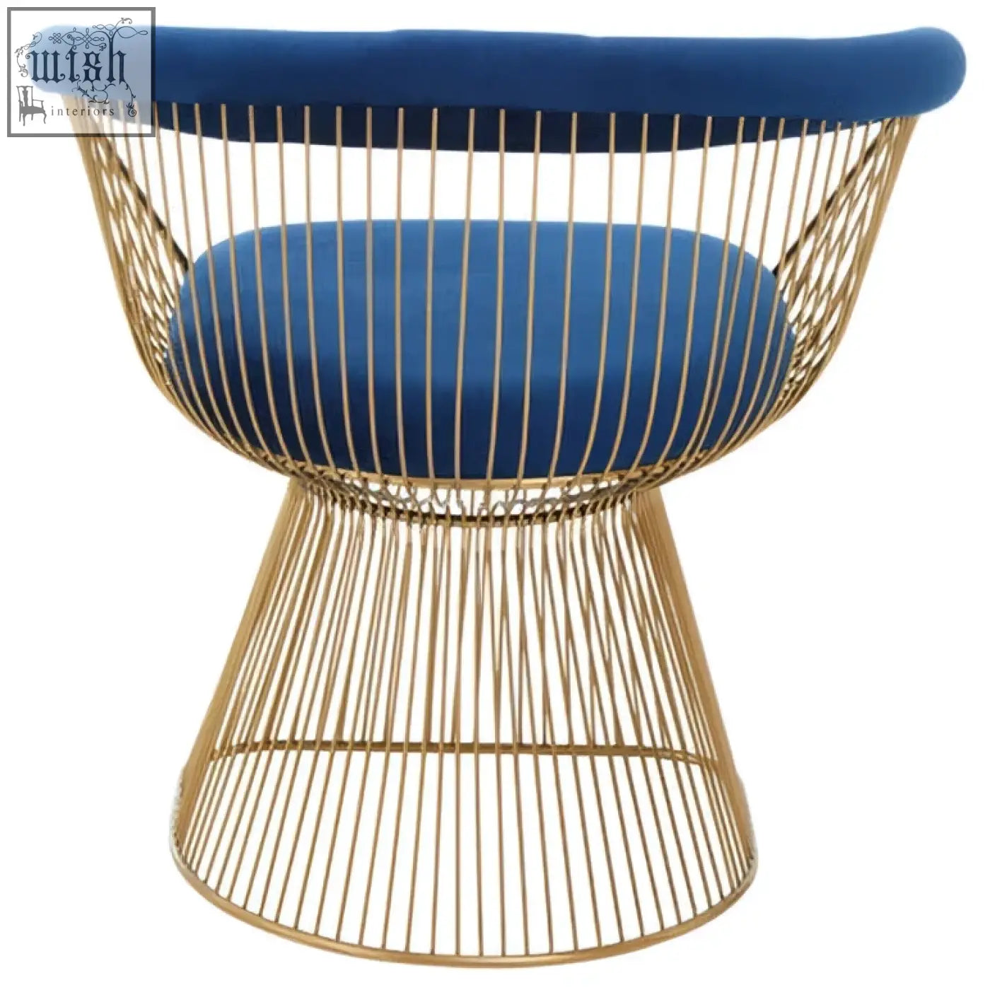 Gold wireframe anzio navy blue velvet chair with plush navy blue velvet cushioning and brushed gold frame