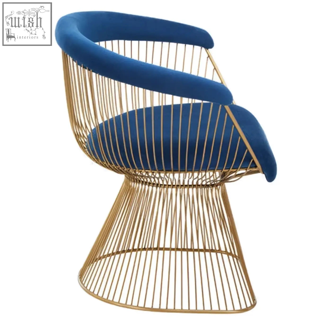 A modern anzio navy blue velvet chair with plush seat and brushed gold wireframe and curved backrest
