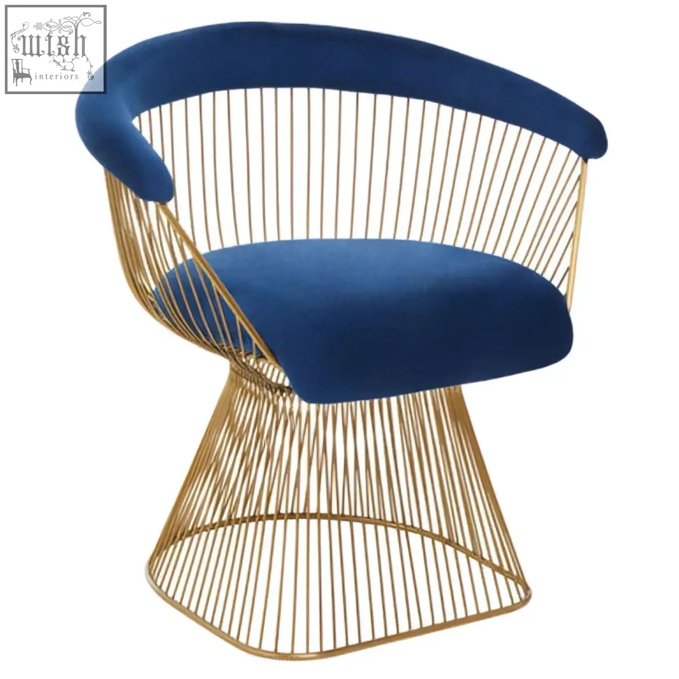 A modern anzio navy blue velvet armchair with plush seat and brushed gold wireframe frame and curved backrest
