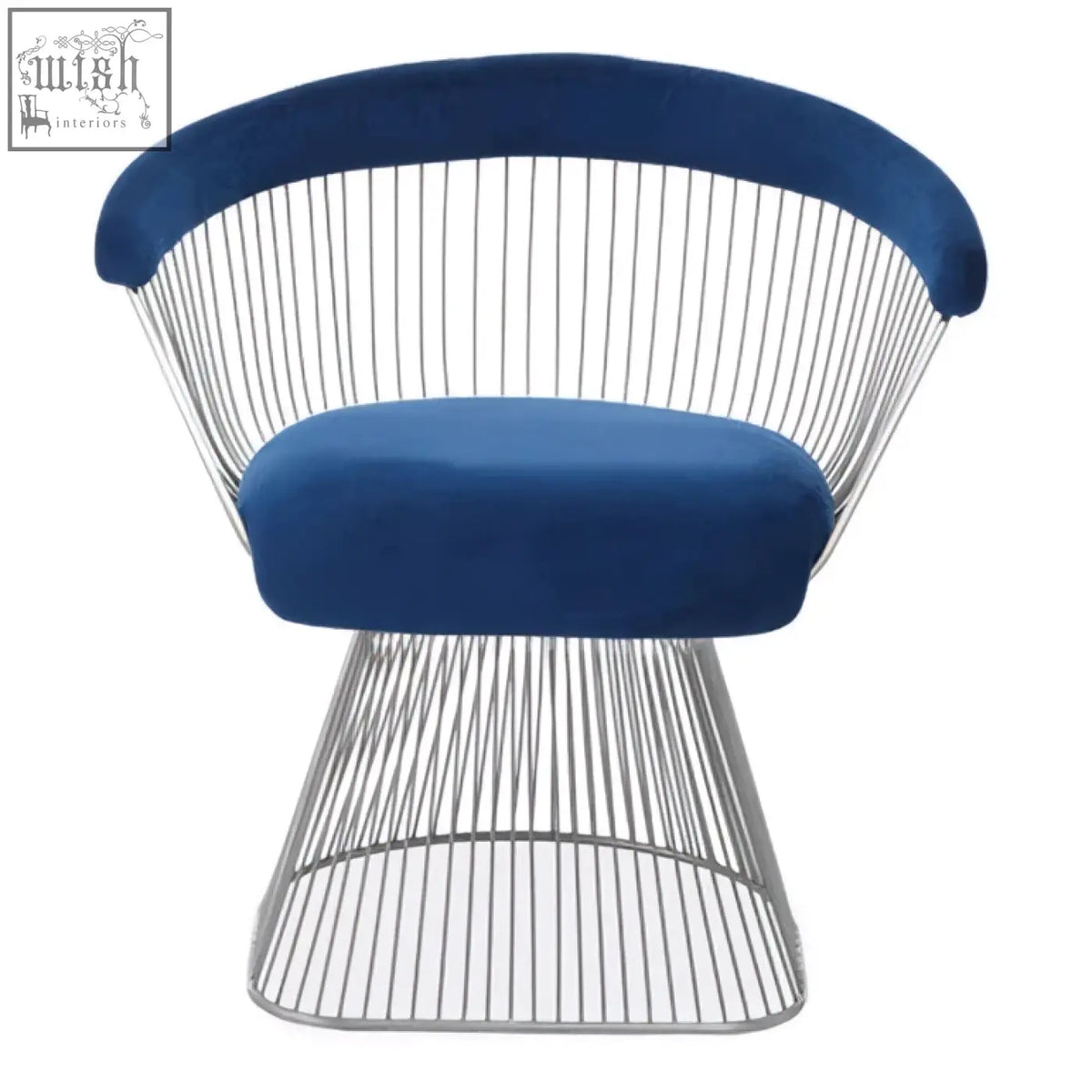 Anzio navy blue velvet chair with brushed silver wireframe base and plush blue velvet cushioned seat