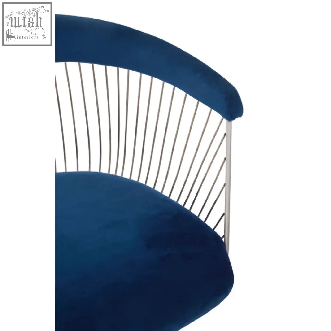 Anzio navy blue velvet chair with curved backrest and brushed silver metal frame for stylish seating