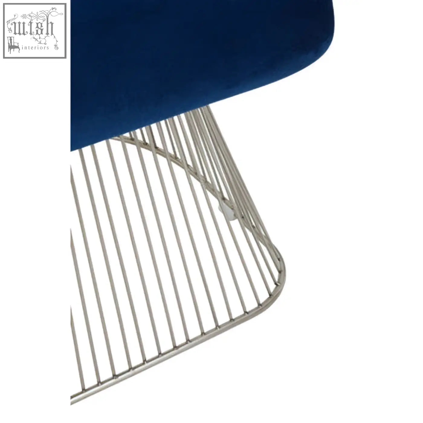 Blue velvet anzio navy blue chair with brushed silver sleek wireframe base perfect for modern interiors
